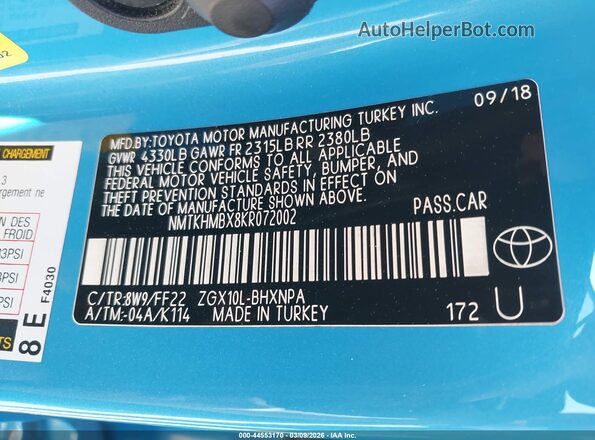 NMTKHMBX8KR072002 2019 TOYOTA LE Blue Widok komory silnika