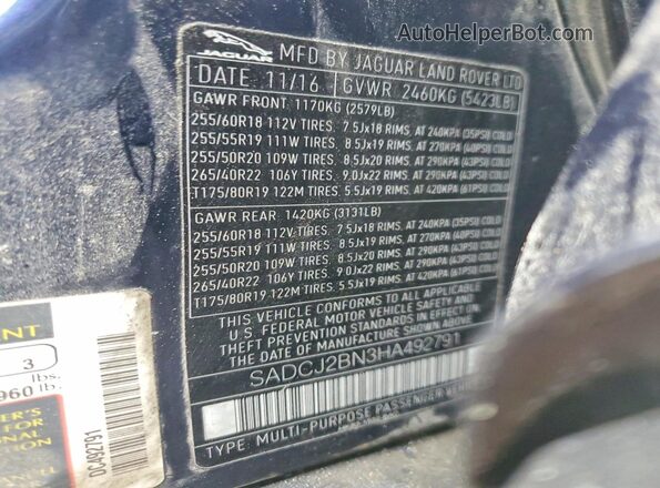 SADCJ2BN3HA492791 2017 JAGUAR F-PACE Blue Вид підкапотного простору