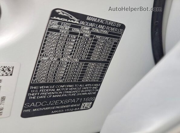 SADCJ2EX8PA711689 2023 JAGUAR F-PACE Белый Вид наклейки с VIN-кодом