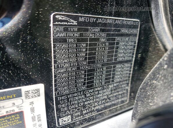 SADCL2GX4KA397815 2019 JAGUAR F-PACE Black Widok naklejki z numerem VIN