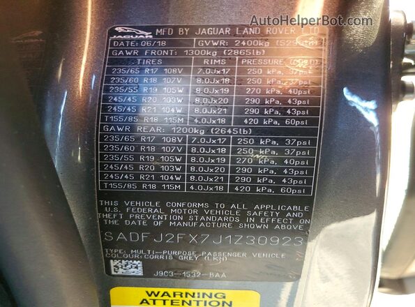 SADFJ2FX7J1Z30923 2018 JAGUAR E-PACE Серый Вид наклейки с VIN-кодом