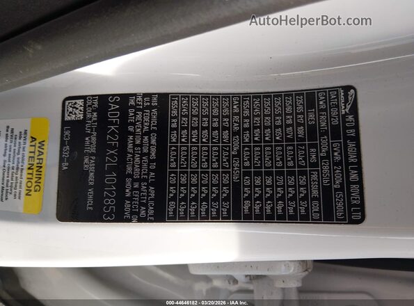 SADFK2FX2L1012853 2020 JAGUAR E-PACE White ძრავის განყოფილების ხედი
