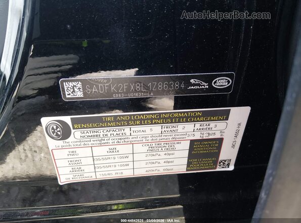 SADFK2FX8L1Z86384 2020 JAGUAR E-PACE Black Widok komory silnika