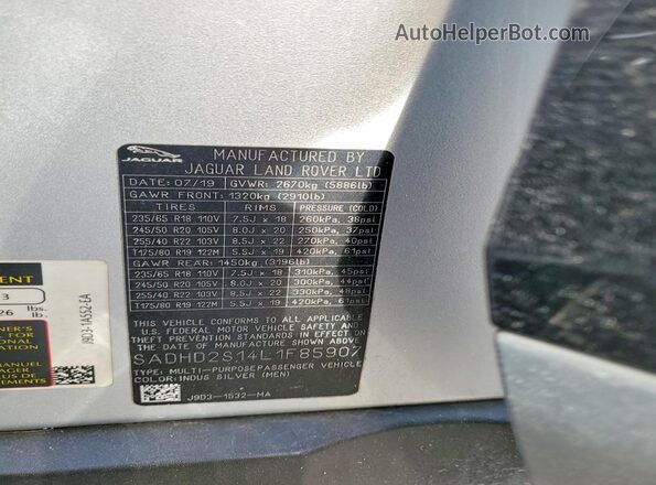 SADHD2S14L1F85907 2020 JAGUAR I-PACE Silver Вид підкапотного простору