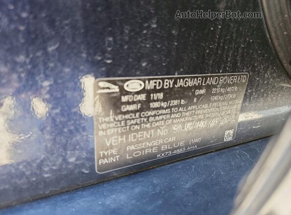 SAJAJ4FX6KCP51040 2019 JAGUAR XF Синий Вид наклейки с VIN-кодом
