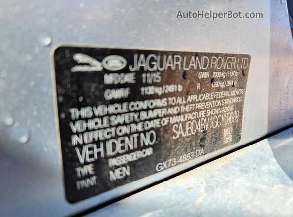 SAJBD4BV1GCY09689 2016 JAGUAR XF Серебряный Вид наклейки с VIN-кодом