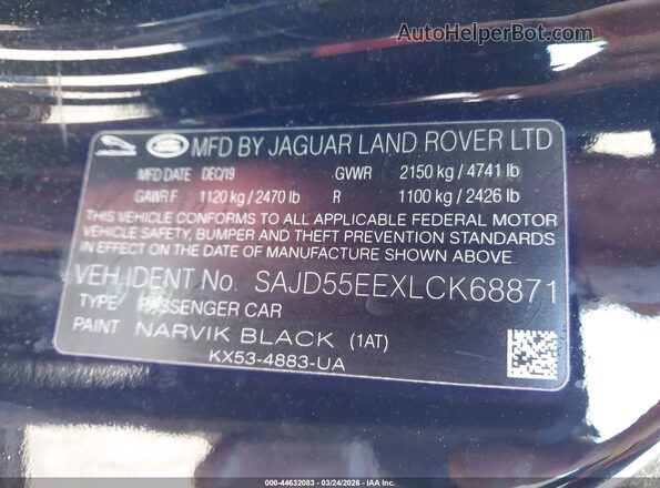 SAJD55EEXLCK68871 2020 JAGUAR F-TYPE Black Widok komory silnika