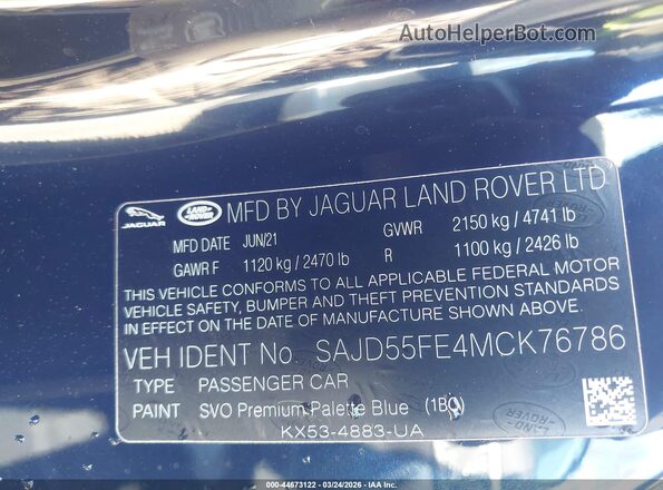 SAJD55FE4MCK76786 2021 JAGUAR F-TYPE Dark Blue Вид подкапотного пространства