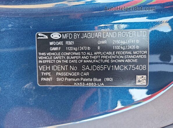 SAJD85FV1MCK75408 2021 JAGUAR F-TYPE Синий Вид наклейки с VIN-кодом