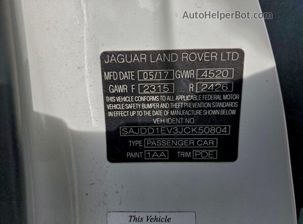 SAJDD1EV3JCK50804 2018 JAGUAR F-TYPE Белый Вид наклейки с VIN-кодом