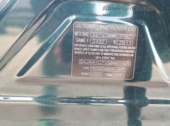 SAJWA1C71G8W01405 2016 JAGUAR XJ Teal VIN კოდის სტიკერის ხედი