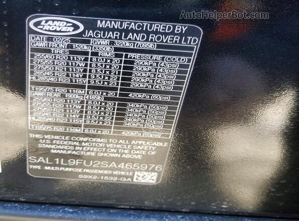 SAL1L9FU2SA465976 2025 LAND ROVER RANGE Черный Вид наклейки с VIN-кодом