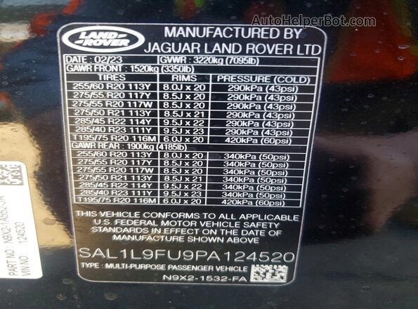 SAL1L9FU9PA124520 2023 LAND ROVER RANGE Черный Панорамный вид салона 360°