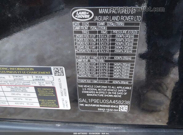 SAL1P9EU0SA458238 2025 LAND ROVER RANGE ROVER SPORT Black Vista del compartimento del motor