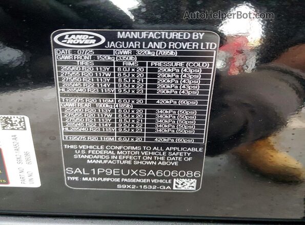 SAL1P9EUXSA606086 2025 LAND ROVER RANGE Черный Вид наклейки с VIN-кодом