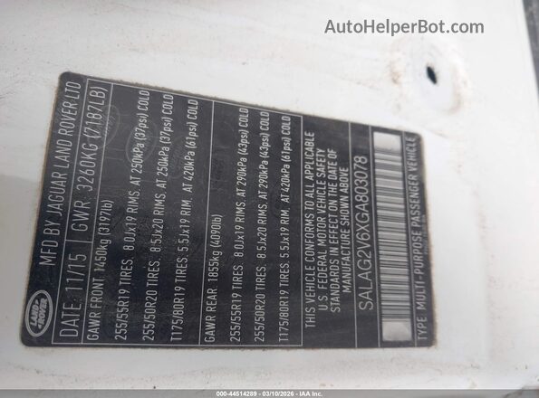 SALAG2V6XGA803078 2016 LAND ROVER LR4 Белый Вид подкапотного пространства