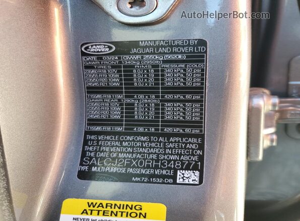 SALCJ2FX0RH348771 2024 LAND ROVER DISCOVERY Серый Вид наклейки с VIN-кодом