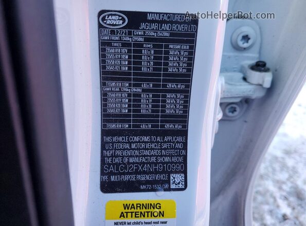 SALCJ2FX4NH910990 2022 LAND ROVER DISCOVERY White VIN sticker view