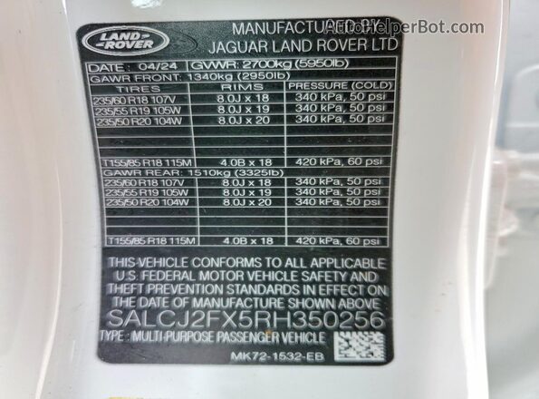 SALCJ2FX5RH350256 2024 LAND ROVER DISCOVERY Белый Вид наклейки с VIN-кодом