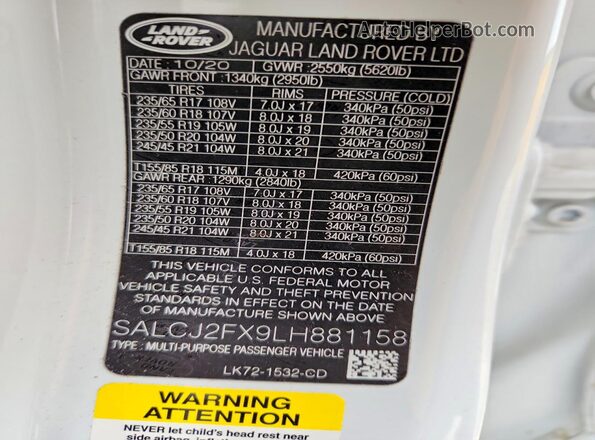 SALCJ2FX9LH881158 2020 LAND ROVER DISCOVERY Белый Панорамный вид салона 360°
