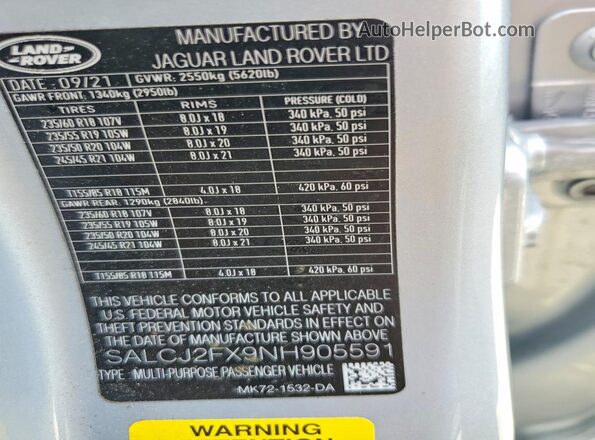 SALCJ2FX9NH905591 2022 LAND ROVER DISCOVERY Silver Widok komory silnika