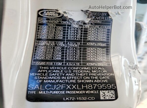 SALCJ2FXXLH879595 2020 LAND ROVER DISCOVERY Белый Панорамный вид салона 360°