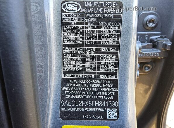 SALCL2FX8LH841390 2020 LAND ROVER DISCOVERY Серый Вид подкапотного пространства