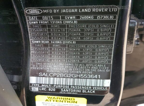 SALCP2BG2GH553641 2016 LAND ROVER DISCOVERY Черный Вид наклейки с VIN-кодом