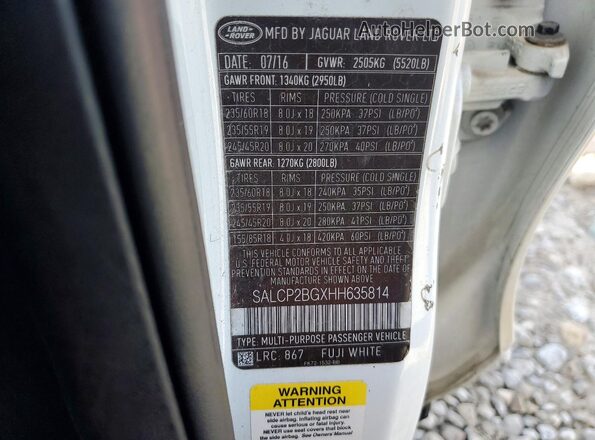 SALCP2BGXHH635814 2017 LAND ROVER DISCOVERY White Vista de la etiqueta del VIN