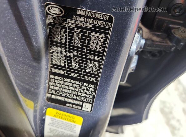 SALCP2FX3MH890003 2021 LAND ROVER DISCOVERY Gray VIN sticker view