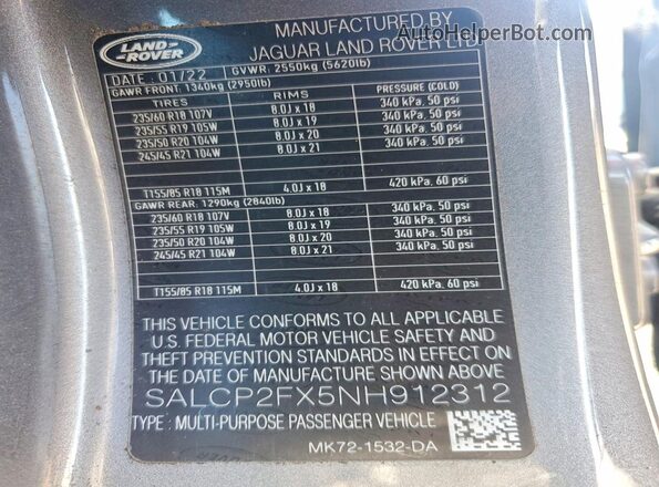 SALCP2FX5NH912312 2022 LAND ROVER DISCOVERY Серый Вид наклейки с VIN-кодом