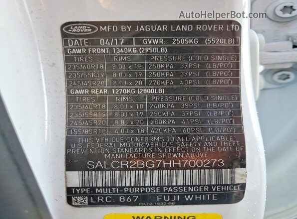 SALCR2BG7HH700273 2017 LAND ROVER DISCOVERY Белый Вид наклейки с VIN-кодом