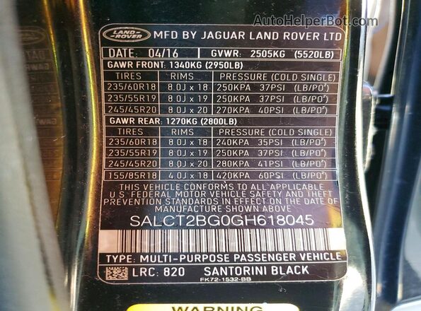 SALCT2BG0GH618045 2016 LAND ROVER DISCOVERY Черный Вид наклейки с VIN-кодом