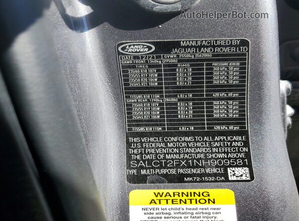 SALCT2FX1NH909581 2022 LAND ROVER DISCOVERY Gray Vista interior de 360 grados