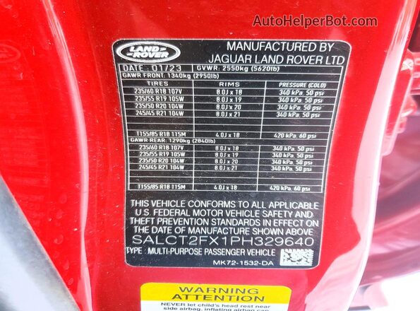 SALCT2FX1PH329640 2023 LAND ROVER DISCOVERY Red Вид наклейки з VIN-кодом