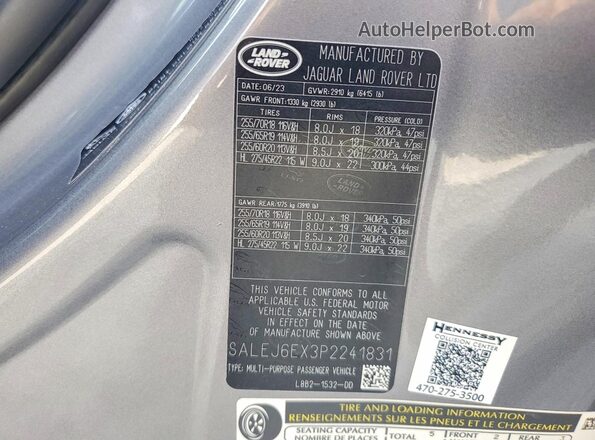 SALEJ6EX3P2241831 2023 LAND ROVER DEFENDER Серый Вид наклейки с VIN-кодом
