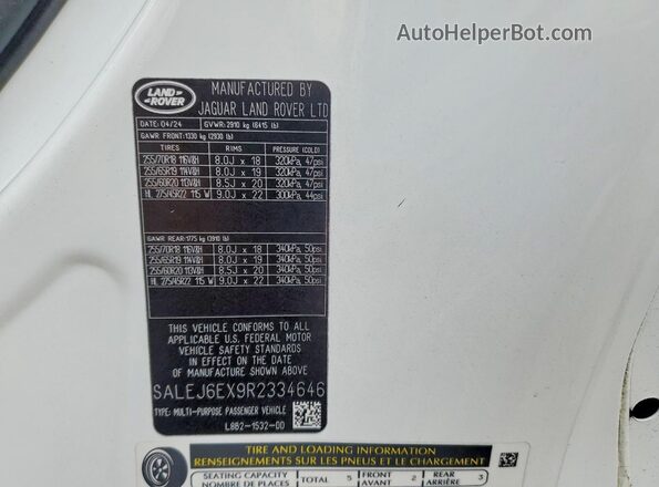 SALEJ6EX9R2334646 2024 LAND ROVER DEFENDER Белый Вид наклейки с VIN-кодом