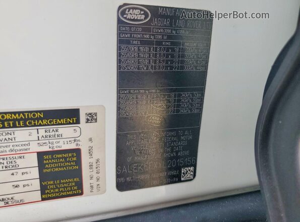 SALEKEEXXL2015156 2020 LAND ROVER DEFENDER Белый Вид наклейки с VIN-кодом
