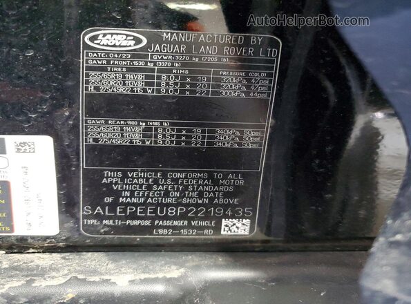 SALEPEEU8P2219435 2023 LAND ROVER DEFENDER Black VIN კოდის სტიკერის ხედი