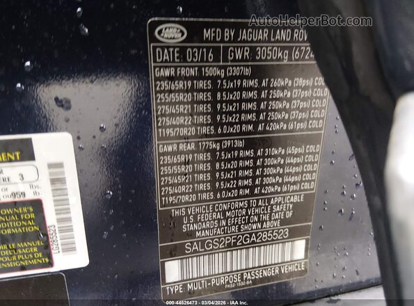 SALGS2PF2GA285523 2016 LAND ROVER RANGE ROVER Dark Blue Widok komory silnika