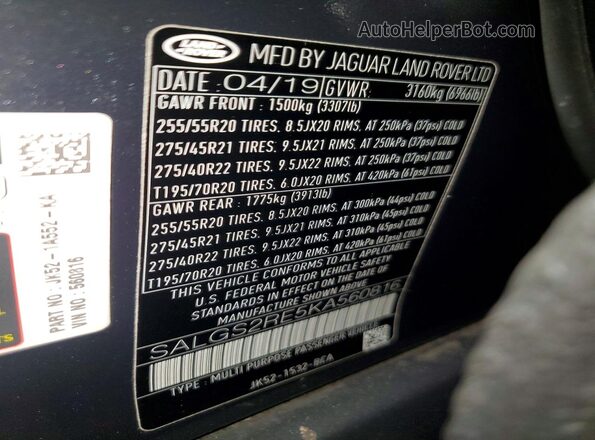 SALGS2RE5KA560816 2019 LAND ROVER RANGE Gray Vista interior de 360 grados