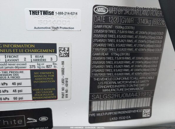 SALGS2RU0MA431912 2021 LAND ROVER RANGE ROVER White ძრავის განყოფილების ხედი