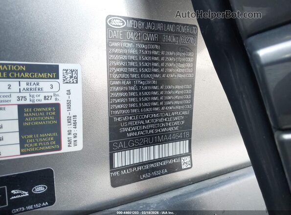 SALGS2RU1MA446418 2021 LAND ROVER RANGE ROVER Gray Widok komory silnika