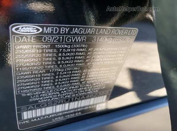 SALGS2RU1NA462359 2022 LAND ROVER RANGE ROVER Черный Вид наклейки с VIN-кодом