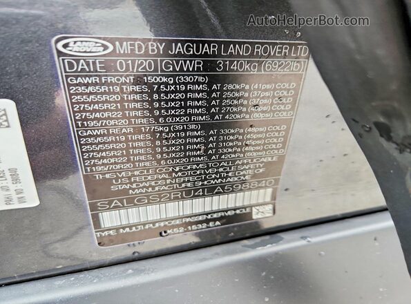 SALGS2RU4LA598840 2020 LAND ROVER RANGE Gray Widok naklejki z numerem VIN