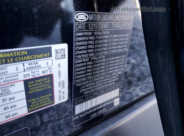 SALGS2RU6LA595051 2020 LAND ROVER RANGE Black ძრავის განყოფილების ხედი