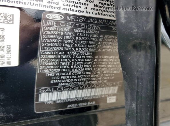 SALGS2SV0JA392513 2018 LAND ROVER RANGE Черный Вид подкапотного пространства
