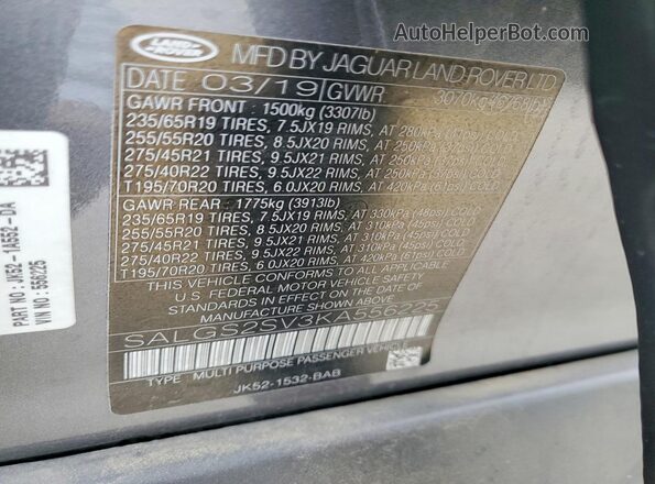 SALGS2SV3KA556225 2019 LAND ROVER RANGE Gray Widok komory silnika