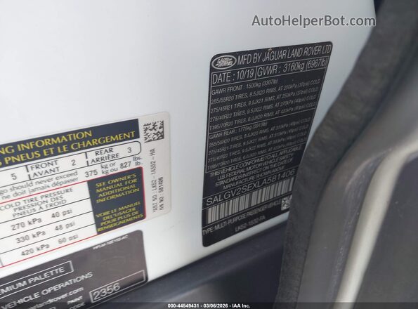 SALGV2SEXLA581406 2020 LAND ROVER RANGE ROVER Белый Вид подкапотного пространства