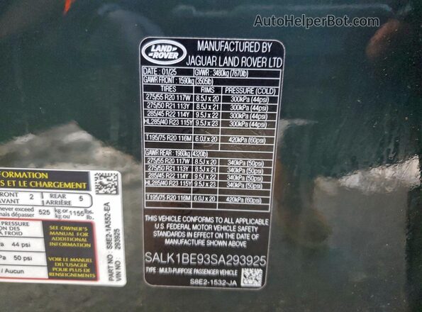 SALK1BE93SA293925 2025 LAND ROVER RANGE Green Vista de la etiqueta del VIN